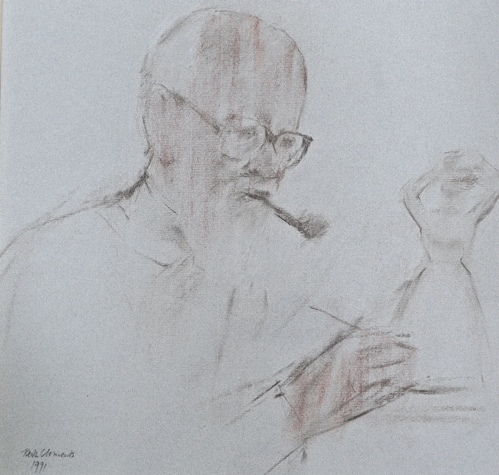 Keith Clements (1931-2003), charcoal and chalk on paper, Portrait of Professor Quentin Bell, signed and dated 1991, 45 x 45cm